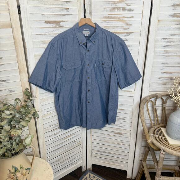 CARHARTT Men's 2XL Relaxed Fit 100% Cotton Short Sleeve Button Down Shirt Blue - Picture 2 of 7
